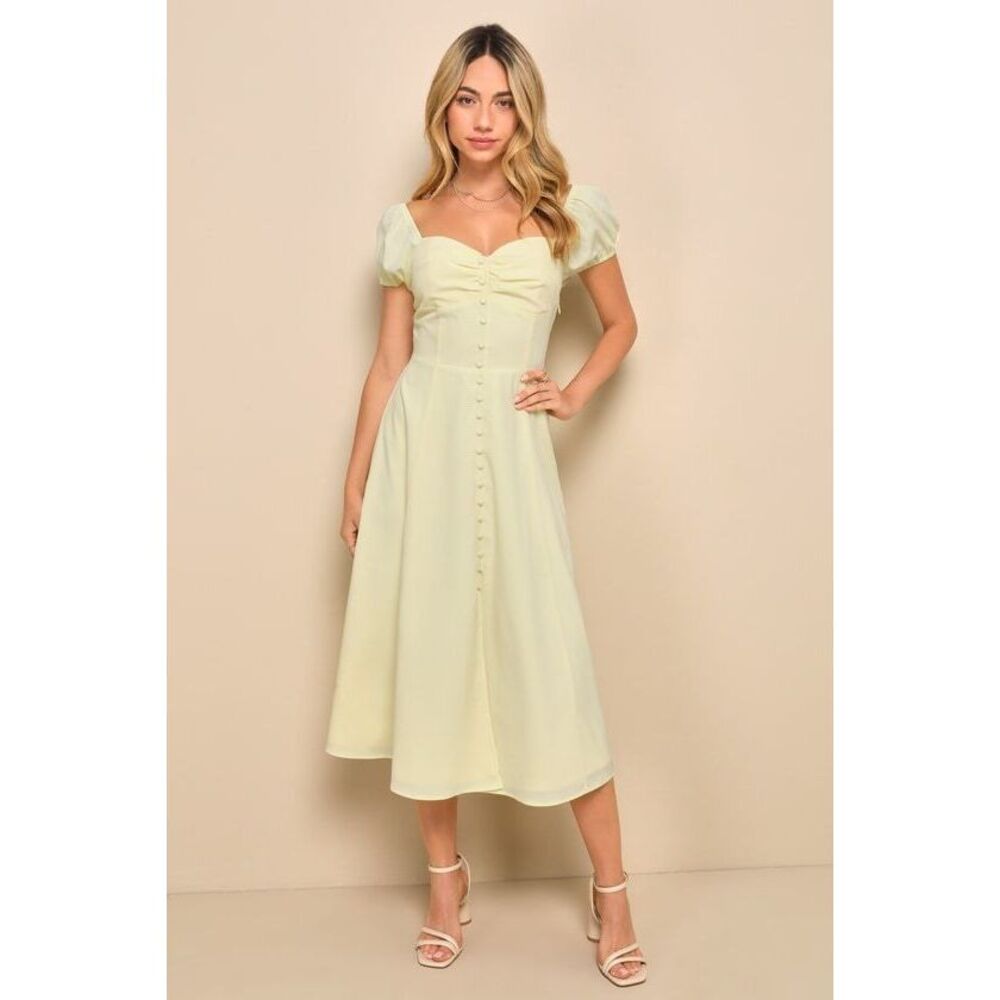 Charming Behavior Light Yellow Button-Front Midi Dress